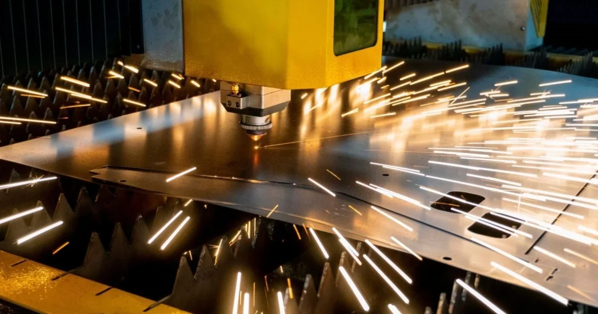 Laser cutting machine cutting a thin metal sheet causing sparks 